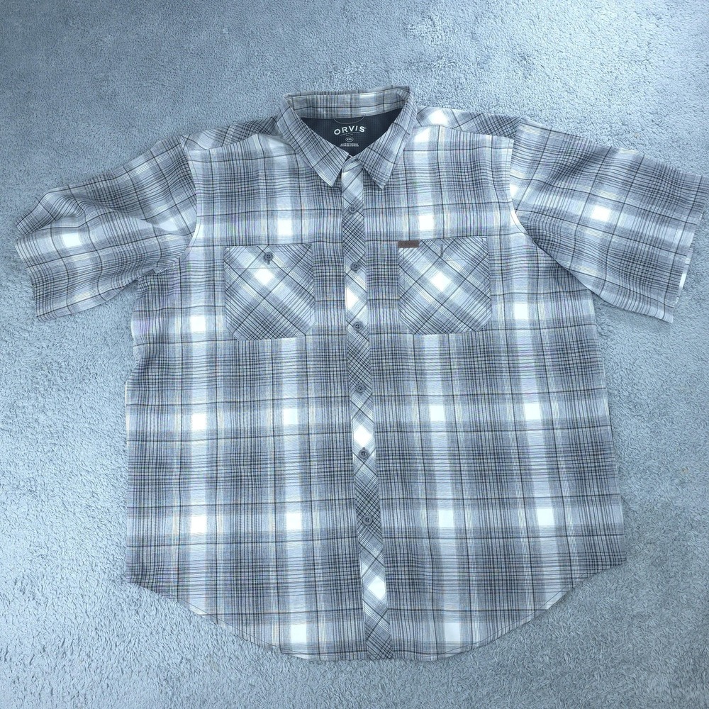 Orvis Shirt Mens 2XL Gray Plaid Short Sleeve Button Up Classic Mesh Outdoor